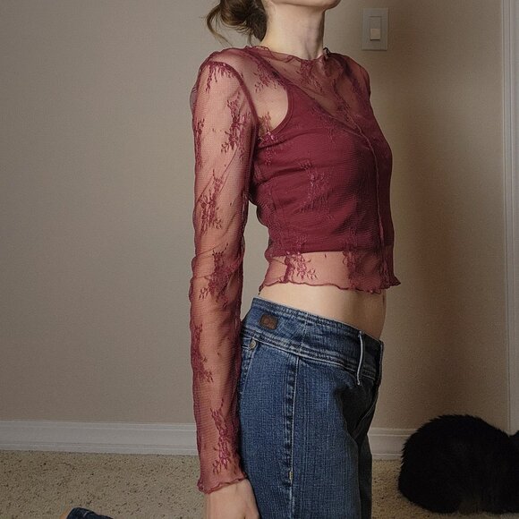 MIOU MUSE Y2K 90's Red Sheer Lace Long Sleeve Top Spaghetti Strap Camisole Small - Picture 11 of 12